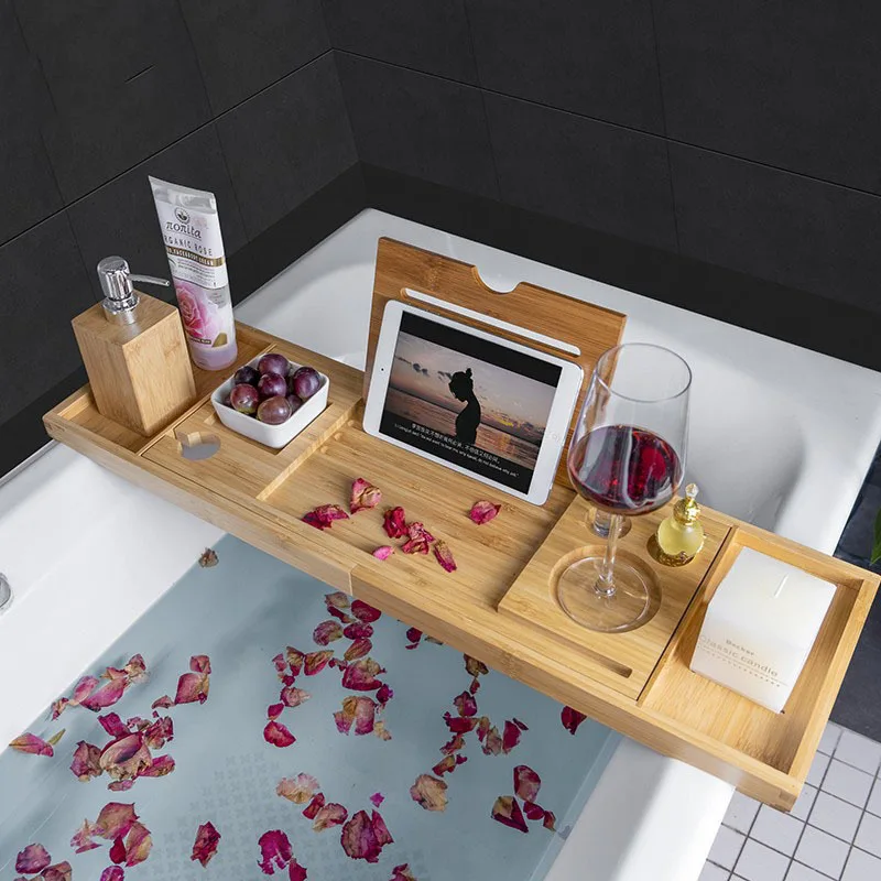 Extendable Spa Bathtub Bamboo  - Bath Caddy Tray 评论和价格